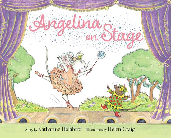 Couverture de livre : Angelina sur scène avec deux souris en tenue de ballet, avec 'Angelina on Stage' en lettres scintillantes.