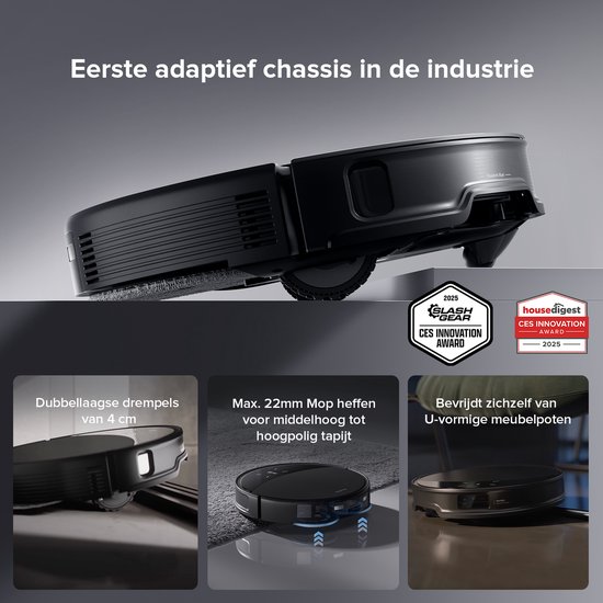 Roborock robotstofzuiger met adaptief chassis, reinigt dubbellaagse drempels van 4 cm en meubels.