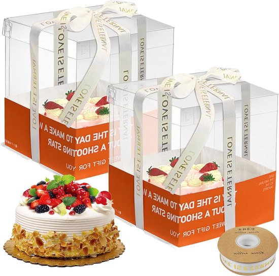 2 stuks doorzichtige taartdoosjes taartdoos 30 x 30 x 25 cm taartdoos transparante taarttransportdoos geschenkdoos doorzichtig met sokkel en lint voor
