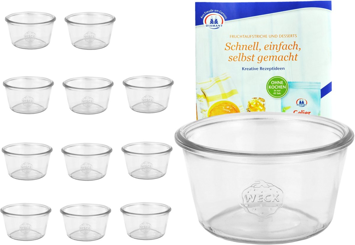 Set van 12 Weck bekers 290ml laag, 1/5L potten incl. geleermagie receptenboekje van Diamantzucker