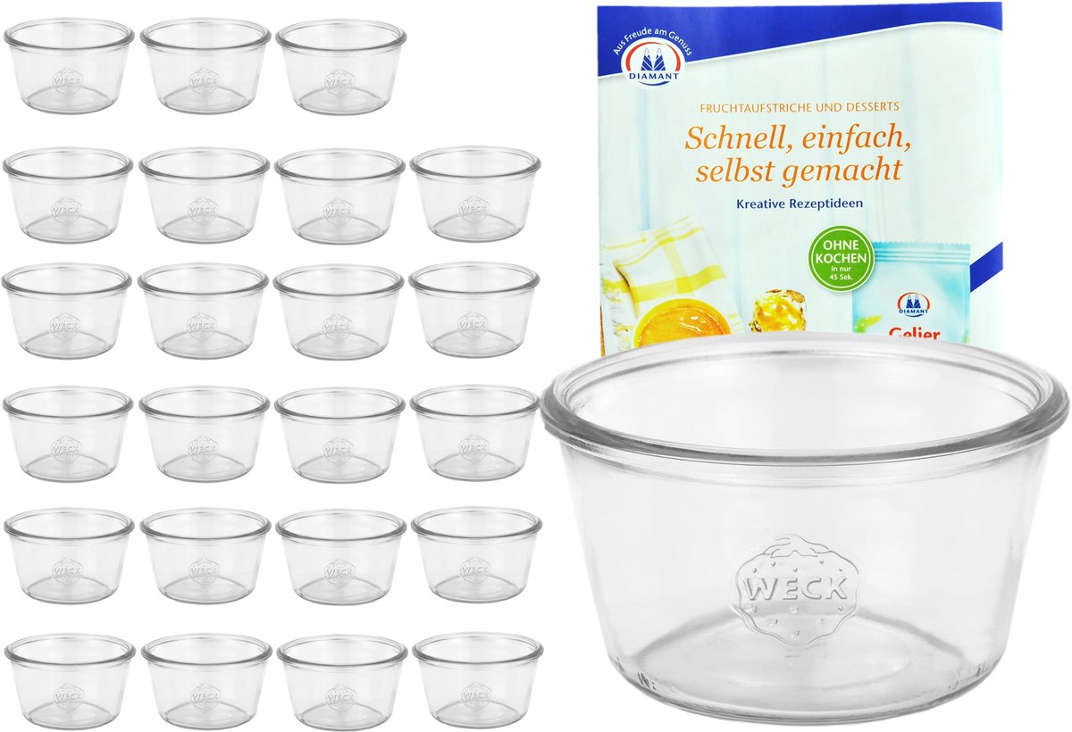 Set van 24 Weck bekers 290ml laag, 1/5L potten incl. geleermagie receptenboekje van Diamantzucker