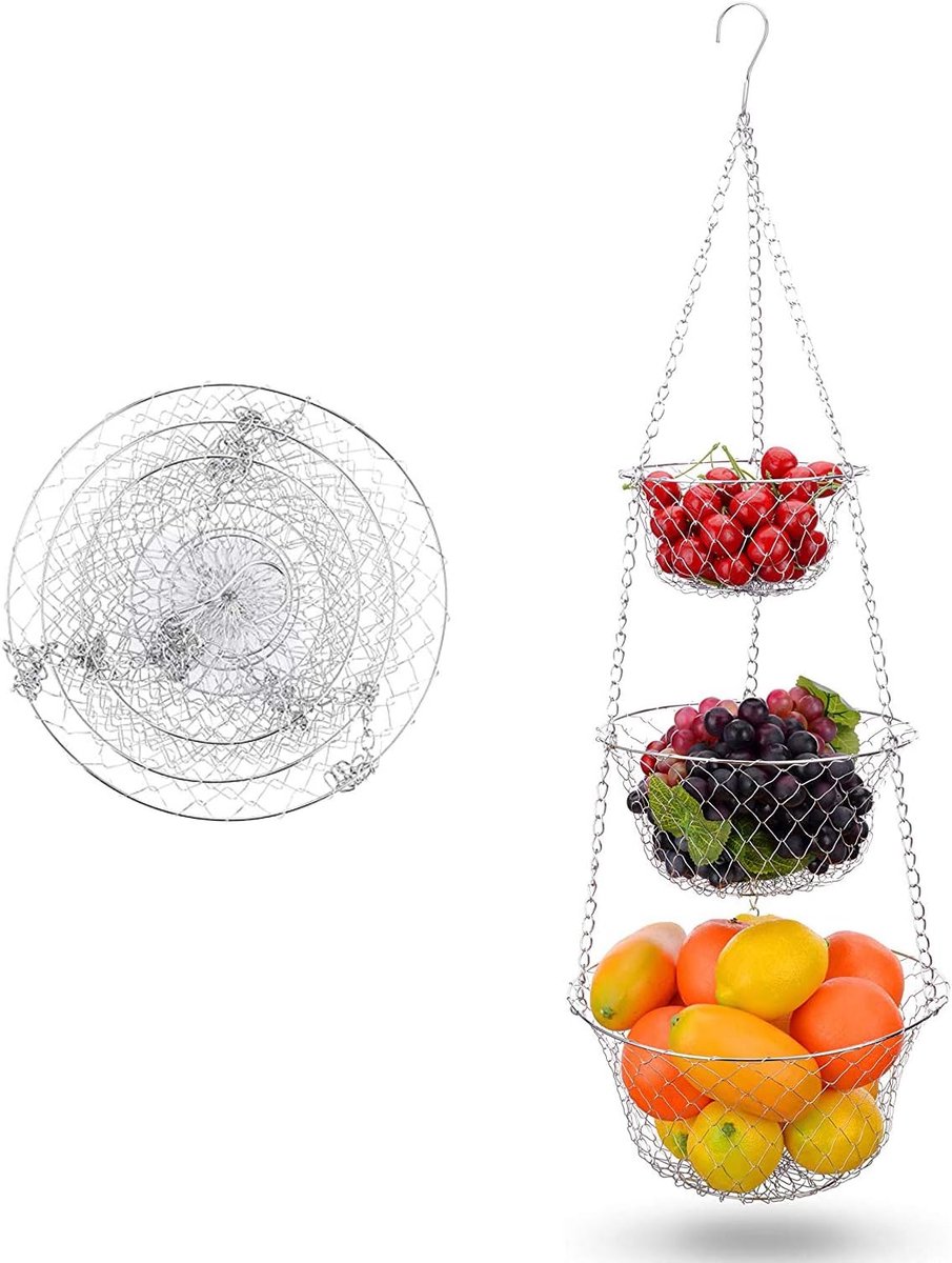 Robuuste fruitstandaard - 3 etages - voor keuken - zilver - metaaldraad