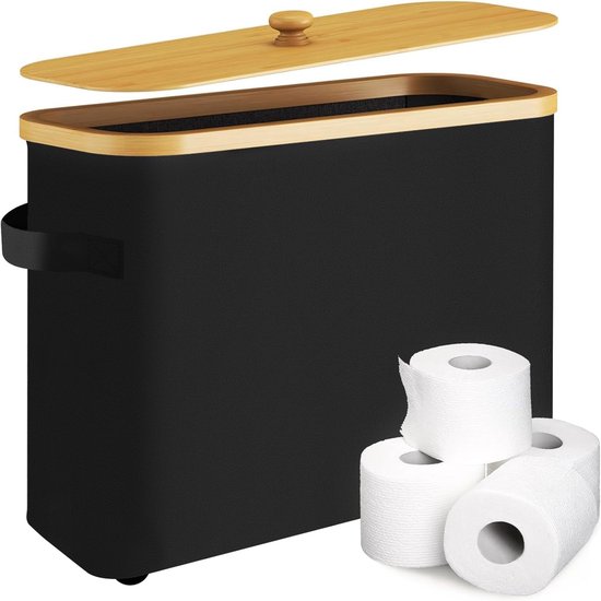 Lifewit 9 Roll 23L Toiletpapier Opslagmand, Bamboe Toiletpapier Houder Organizer met Deksel, Zwart