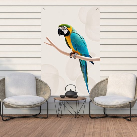 Ara bleu sur une branche - Poster extérieur perroquet - Poster animalier extérieur - Hyperréalisme - Poster extérieur - Décoration murale déperlante - Poster jardin 70x105 cm