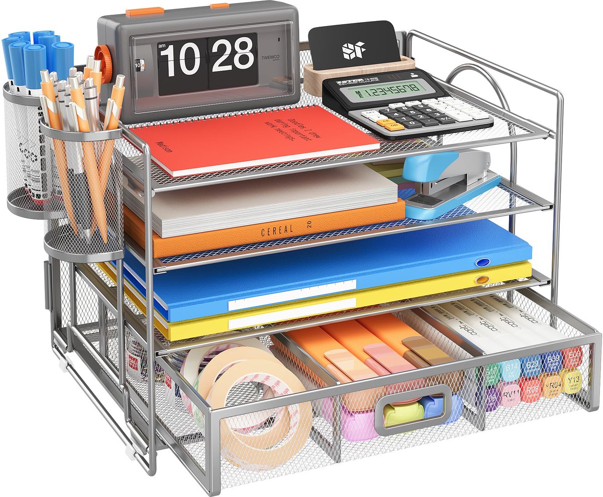 Ibenzoa® Robuuste Metalen Bureau Organizer met Diverse Opbergmogelijkheden - Zilver