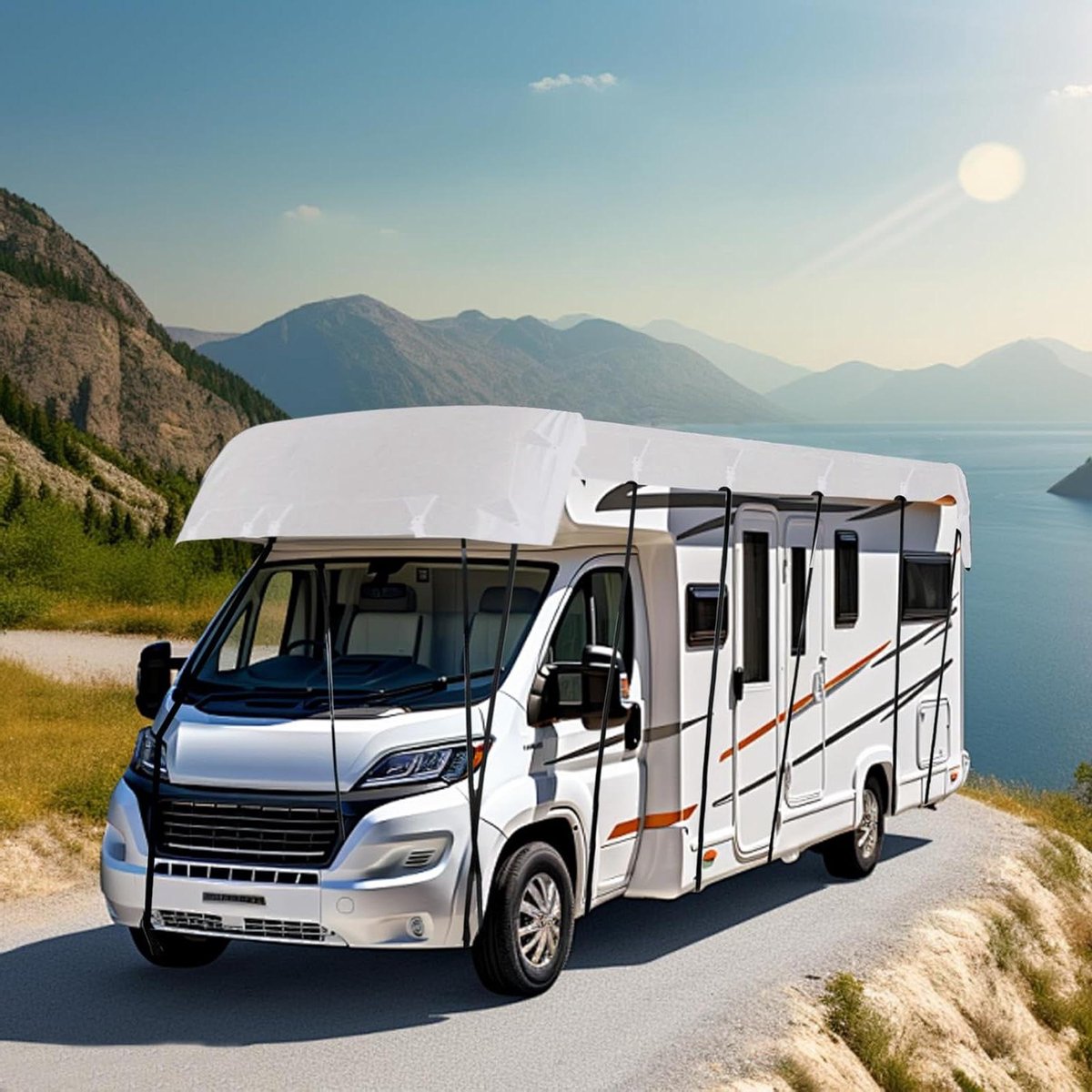 Motorhome topcovers caravanhoes waterdicht 210D Oxford Doek Zomer UV-bescherming Ademend Camper Top Cover met intrekbare Riemen voor Camper Reizen Zilver (65 m x 3 m)