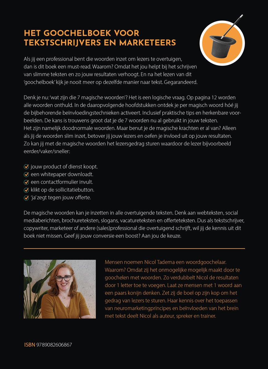 Boekomslag met de titel 'Het Goochelboek voor Tekstschrijvers en Marketeers' en een afbeelding van een toverhoed met een staf.