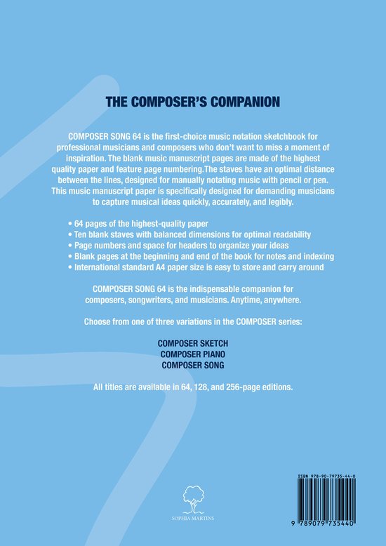 Le dos de "The Composer's Companion", un carnet de musique de 64 pages, avec des portées musicales vierges, des numéros de page et un ISBN.