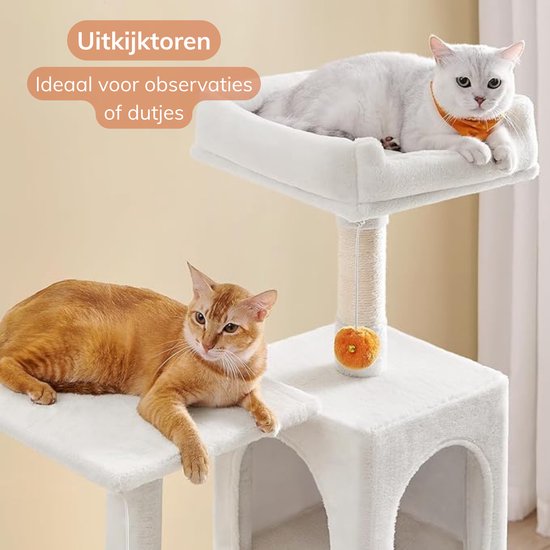 Arbre à chat blanc avec deux chats, un blanc et un orange.