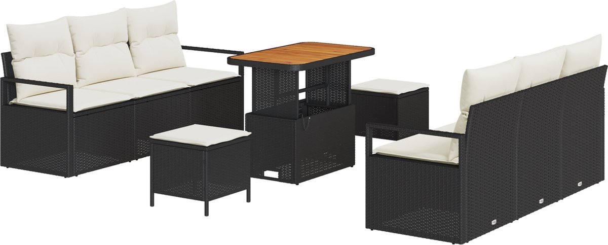 vidaXL - Tuinbank - Set - met - kussen - 9 - pcs - Zwart - poly - rattan