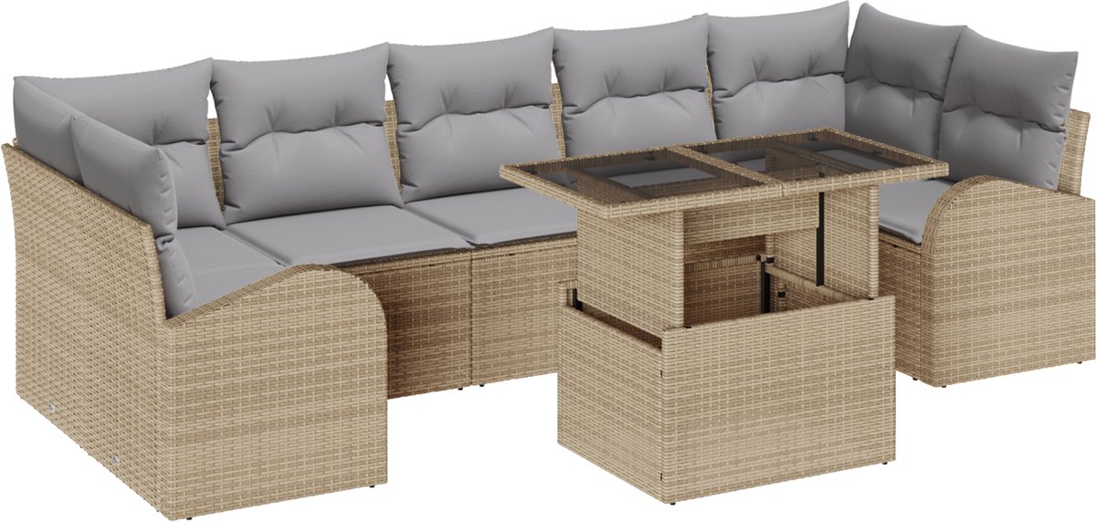 vidaXL - Tuinbank - Set - met - kussen - met - opslag - 8 - pcs - Beige - Poly - Riet