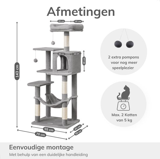 Grijze kattenkrabpaal met afmetingen (143 cm hoog), inclusief hangmat, huisje en platforms. Ook met 2 pompons.
