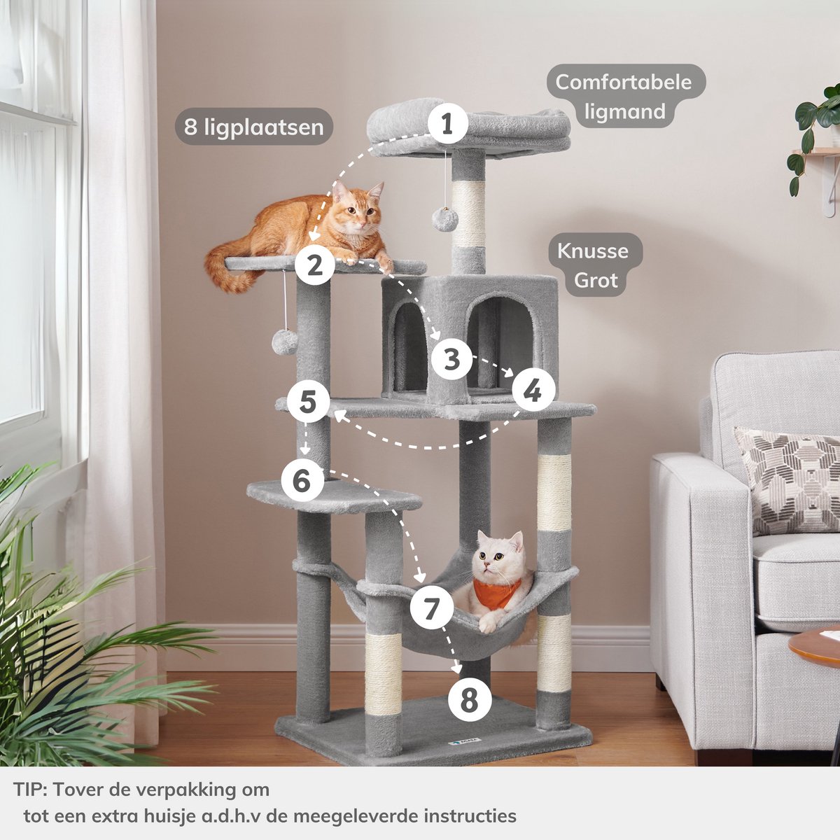 ACAZA Krabpaal - Krabpaal voor Grote Katten - Krabpaal voor Katten - 143 cm - Lichtgrijs - Kattenkrabpaal - Kattenboom - Krabpalen - Kattenhuis thumbnail 4