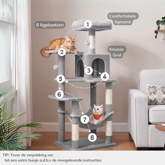 Grijze kattenkrabpaal met 8 ligplekken, waaronder een hangmat, meerdere plateaus, een huisje en comfortabele ligmanden.