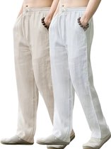 Pantalon en lin Nivard pour homme - Pantalon d'été - Adultes - Pantalon long - Pantalon de plage - Été - Style Ibiza - Kaki et Wit - Taille L