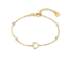 Twice As Nice Armband in 18kt verguld zilver, 3 hartjes en parels 19cm