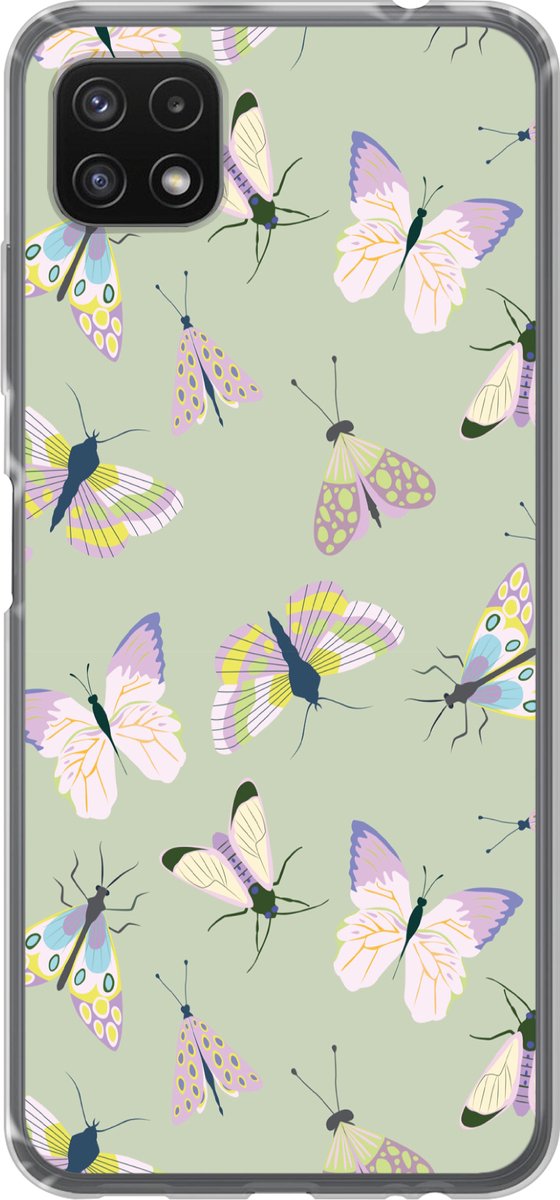 Telefoonhoesje Geschikt voor Samsung Galaxy A22 5G hoesje - Vlinders - Insecten - Groen - Kleurrijk - Siliconen Telefoonhoesje Telefoonhoesje