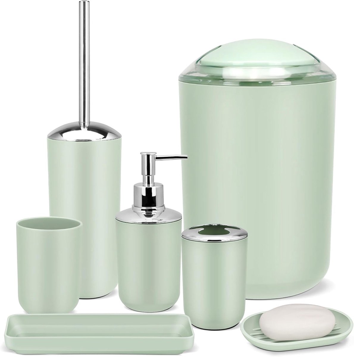 Famanu – Badkameraccessoireset, groene badkamerset, 7-delige badkameraccessoireset, dienblad, toiletborstel, prullenbak voor badkamerdecoratie en als cadeau voor een housewarming.