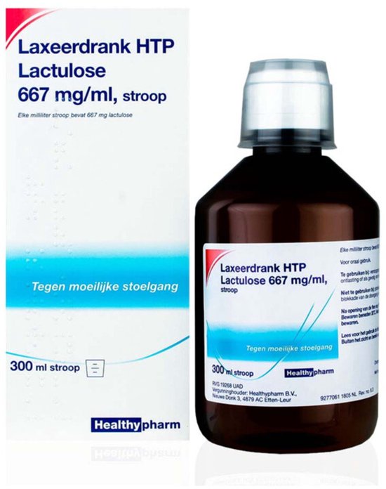 Doos en flesje Laxerdrank HTP Lactulose 667 mg/ml, siroop. Tekst 'Tegen moeilijke stoelgang' en '300 ml siroop'. Merk 'Healthypharm'.