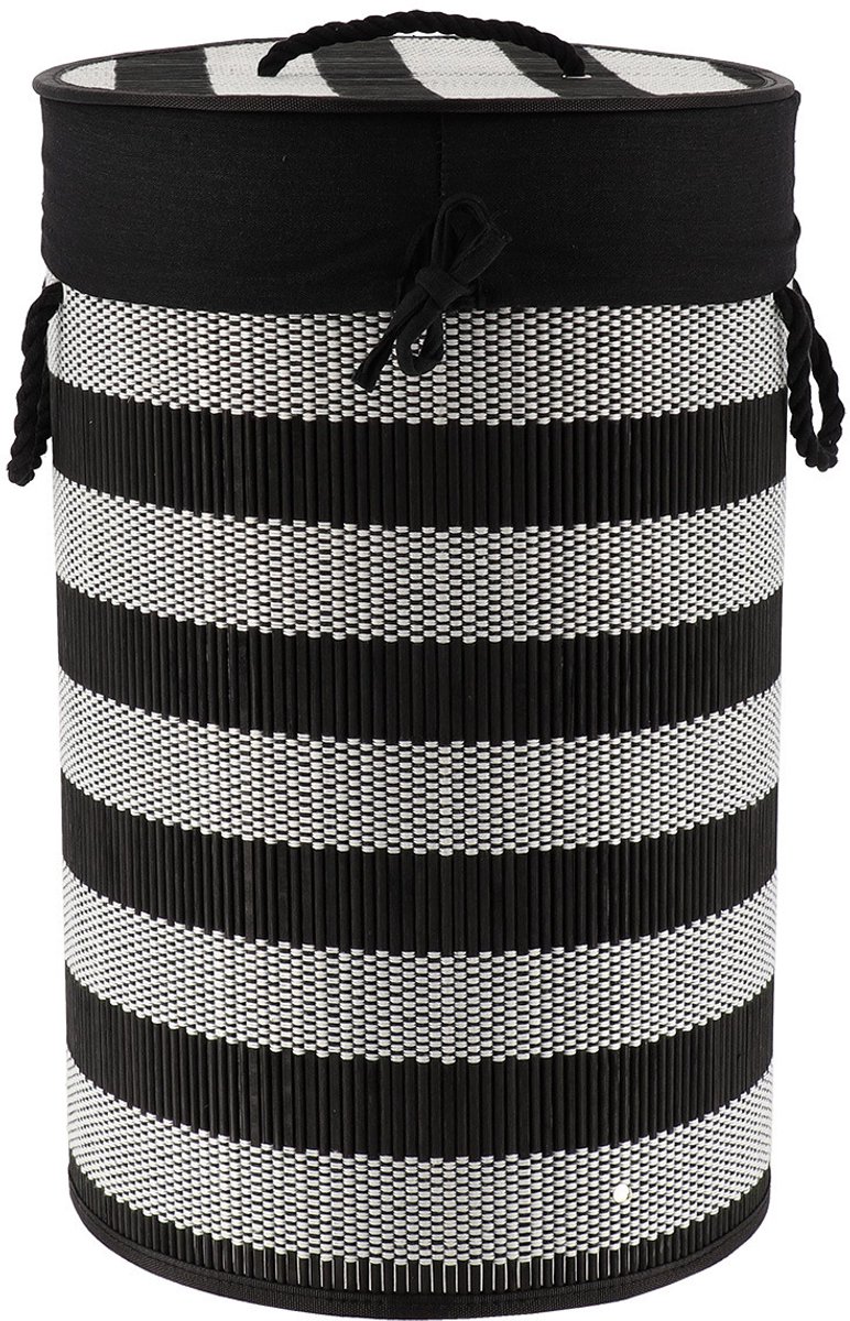 Tendance Wasmand Rustic met deksel bamboe - zwart/wit - rond - katoen/bamboe - 67 liter - 35 x 35 x 55 cm