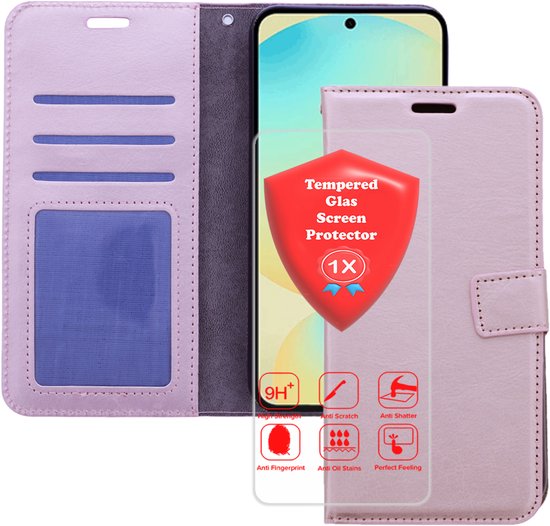 Étui livre rose doré, ouvert, avec porte-cartes et un téléphone avec protection d'écran.