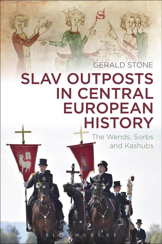 Couverture de livre : Slav Outposts in Central European History, avec illustrations historiques et cavaliers à bannières.
