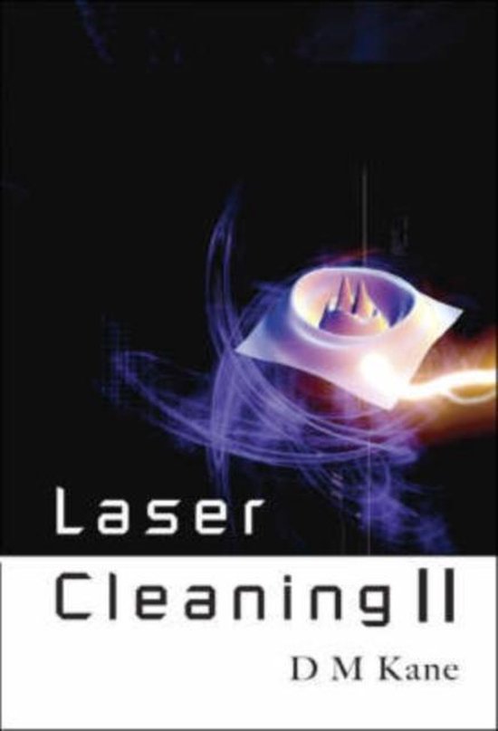 Couverture de livre avec le titre Laser Cleaning II par D.M. Kane, avec des formes abstraites violettes et jaunes.