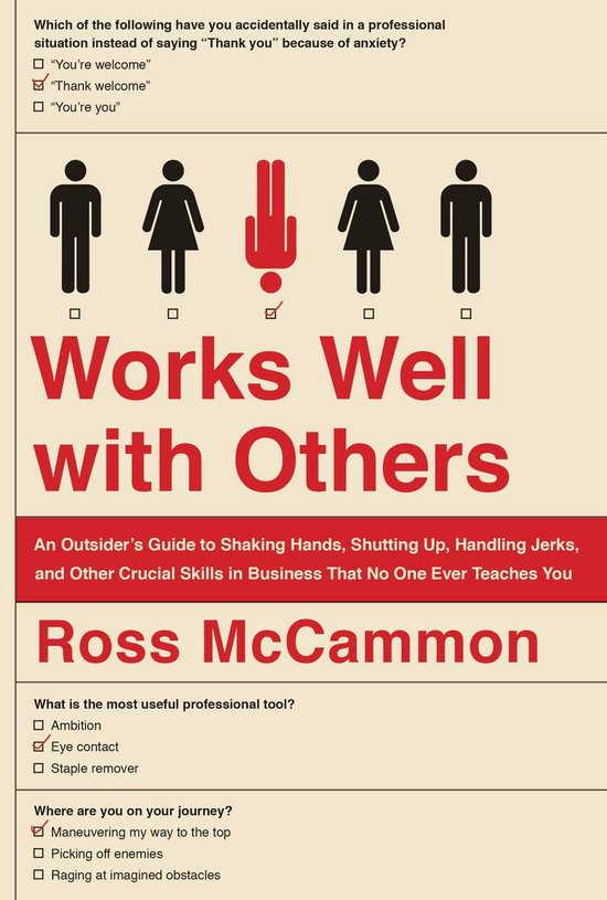 Boekomslag 'Works Well with Others' van Ross McCammon met een illustratie van vijf menselijke iconen, waarvan één ondersteboven.