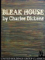 Boekomslag van Bleak House van Charles Dickens met een gestreept bruin en geel patroon.