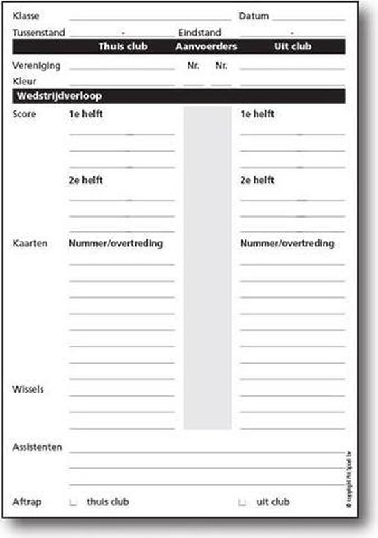 Scheidsrechtersboekje met velden voor wedstrijdgegevens, score, kaarten, wissels en assistenten.