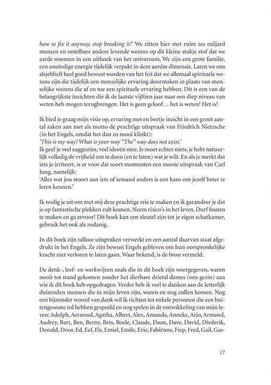 Pagina 17 uit een boek met tekst over stoppen met slechte gewoonten, het universum en dankbaarheid.