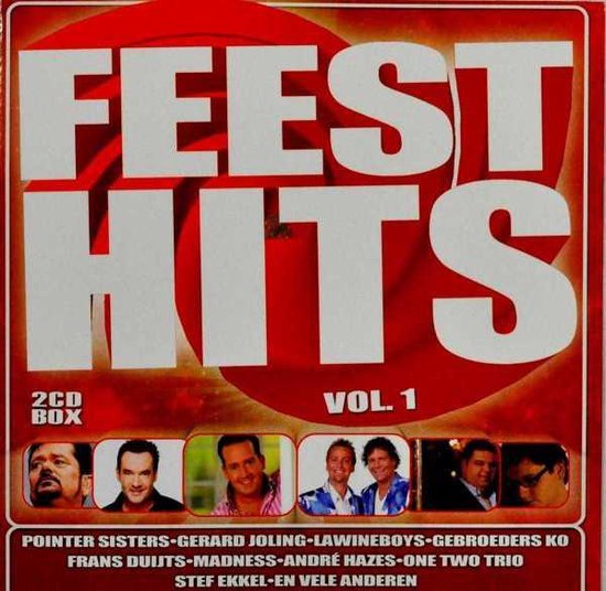 Cd-hoes met de titel Feest Hits Vol. 1, met foto's van artiesten.