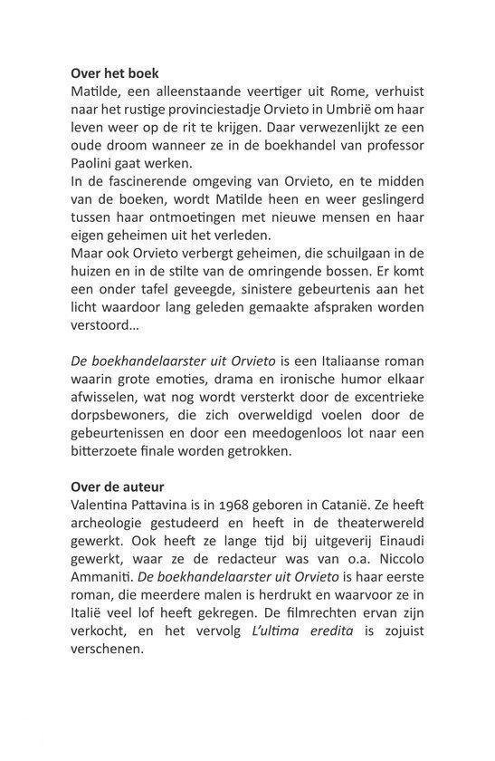 Tekstpagina: Achterflap van het boek 'De Boekhandelster uit Orvieto' met beschrijving en auteur info.