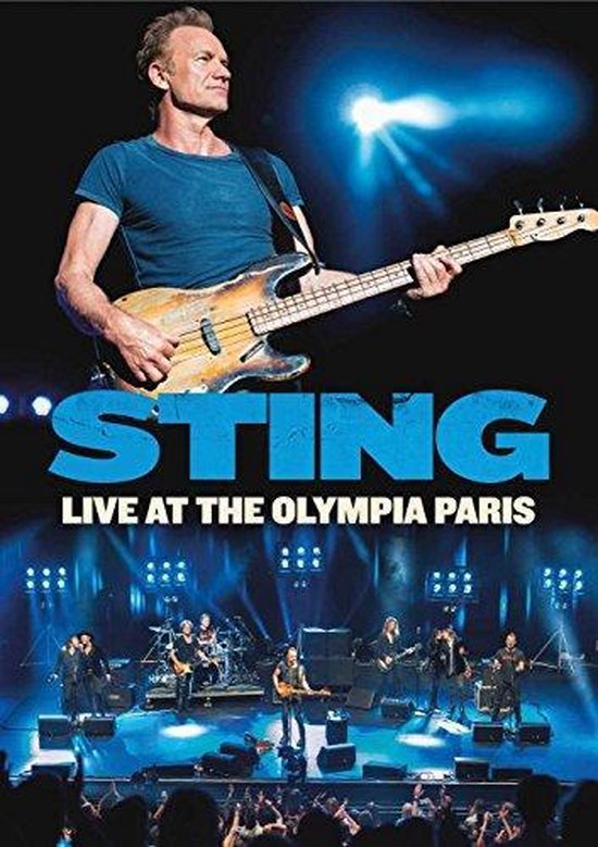 Sting met gitaar op een podium, met zijn band op de achtergrond. Tekst 'STING LIVE AT THE OLYMPIA PARIS'.