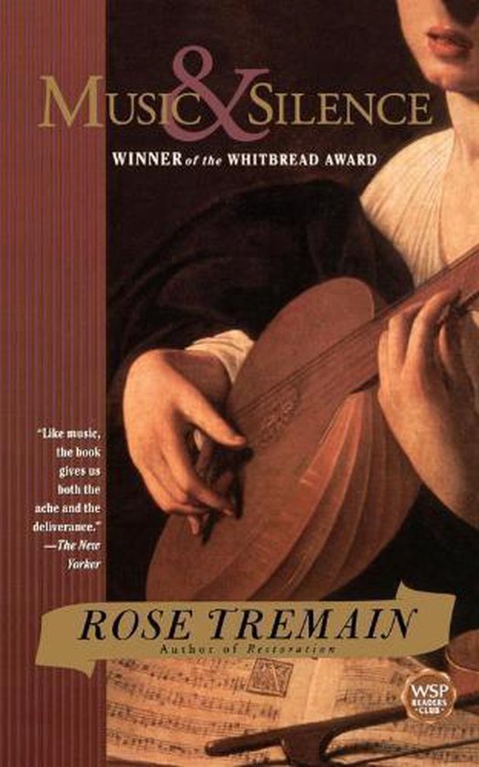 Couverture du livre "Music & Silence", une femme avec un luth, et des notes de musique. Gagnant du prix Whitbread.