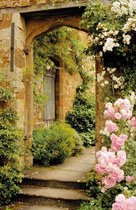 Tuinposter doorzicht - 95x130 cm - rozen kasteel poort - tuin decoratie - tuinposters buiten - tuinschilderij