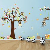 Autocollant mural arbre XXL avec branche et animaux - singes avec hiboux / hiboux / hibou et papillons