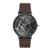 Tintin Horloge - Moulinsart - Met Kuifje opdruk - Zwart met bruin leren band - 43 mm
