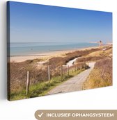 Canvas Schilderij Strand - Zee - Vuurtoren - Nederland - 90x60 cm - Wanddecoratie