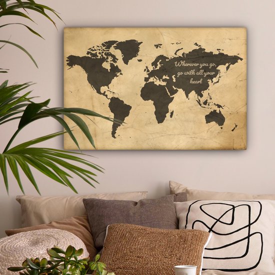 Peintures Toile Wereldkaart - Vintage - Citation - 150x100 cm - Décoration murale