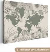 Canvas Wereldkaart - 30x20 - Wanddecoratie Wereldkaart - Grijs - Bloemen