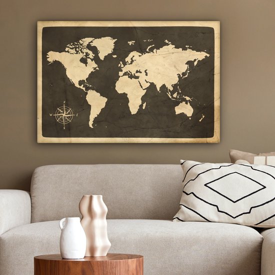 Peintures sur toile Wereldkaart - Rose des vents - Vintage - 150x100 cm - Décoration murale