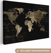 Carte du monde cuivrée avec italiques cuivrés sur fond noir 120x80 cm
