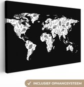 Canvas Wereldkaart - 30x20 - Wanddecoratie Wereldkaart - Bladeren - Zwart - Wit