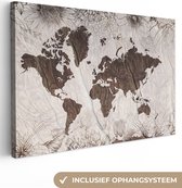 Canvas Wereldkaart - 90x60 - Wanddecoratie Wereldkaart - Hout - Bloemen