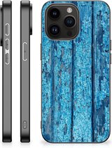 Telefoonhoesje Geschikt voor iPhone 15 Pro Max Backcase Siliconen Hoesje met Zwarte rand Wood Blue