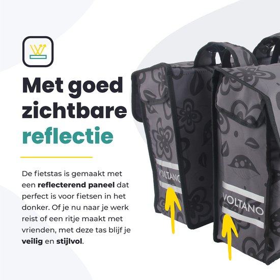 Voltano Dubbele Fietstas Floral Fusion - Grijs Met Bloemen - 38 Liter - 100% Waterdicht Polyester - Vrolijke Fietstassen