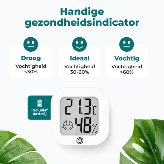 Digitale thermometer en hygrometer met indicator voor luchtvochtigheid: droog, ideaal, vochtig. Inclusief batterij.
