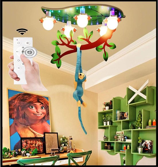 HomeBerg - Jungle met Aapje Plafondlamp - Groot - Dimbaar - Veilig - Woonkamer - Slaapkamer - Kinderkamer - Afstandsbediening - Plafond licht - 50 CM - Hout