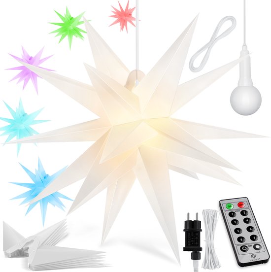 KESSER® LED Kerst Ster 3D, LED Verlichting met Timer, Kerstster Lampjes voor Binnen en Buiten, Kerstverlichting Advent Ster Verlichte Hangend, Warm Wit Licht - Kleurrijk / 60 cm, met afstandsbediening